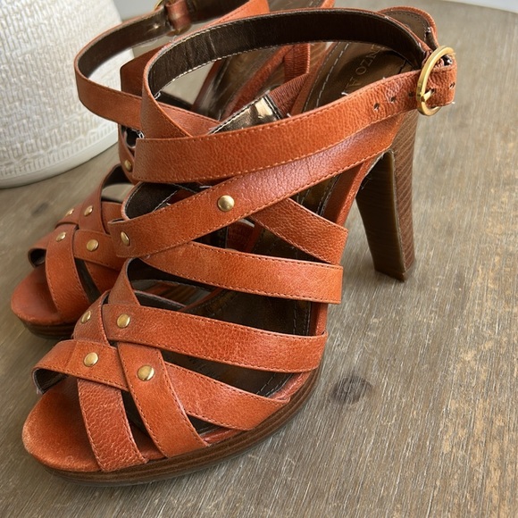 Enzo Angiolini Tan Leather High Heel Sandals with Gold Stud Details - Picture 6 of 15